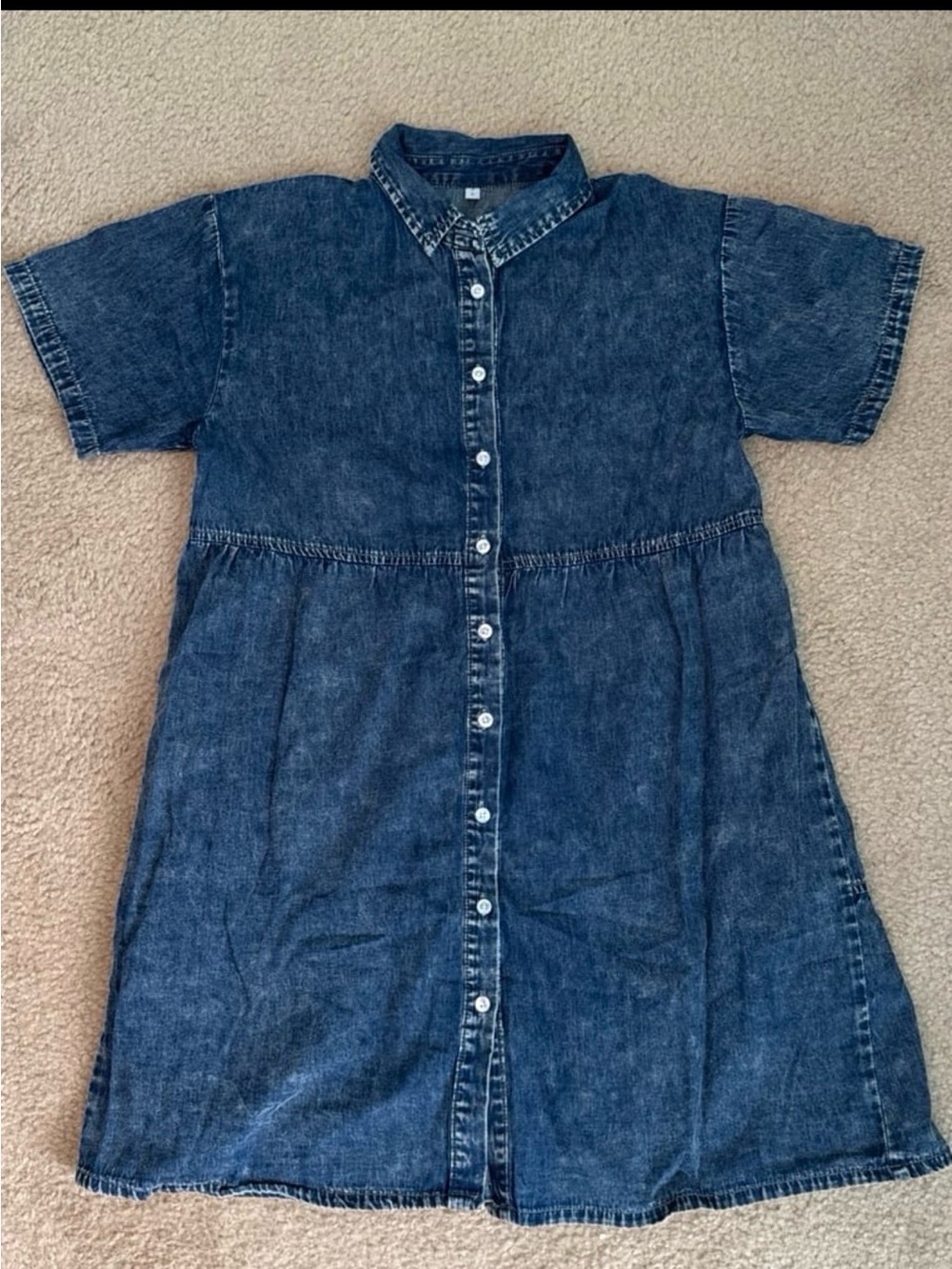 Button-Front Short Sleeve Denim Dress - Dark Blue